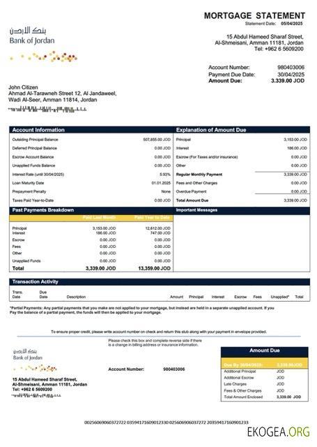 Modèle Word et PDF de relevé hypothécaire de la Jordan Bank of Jordan